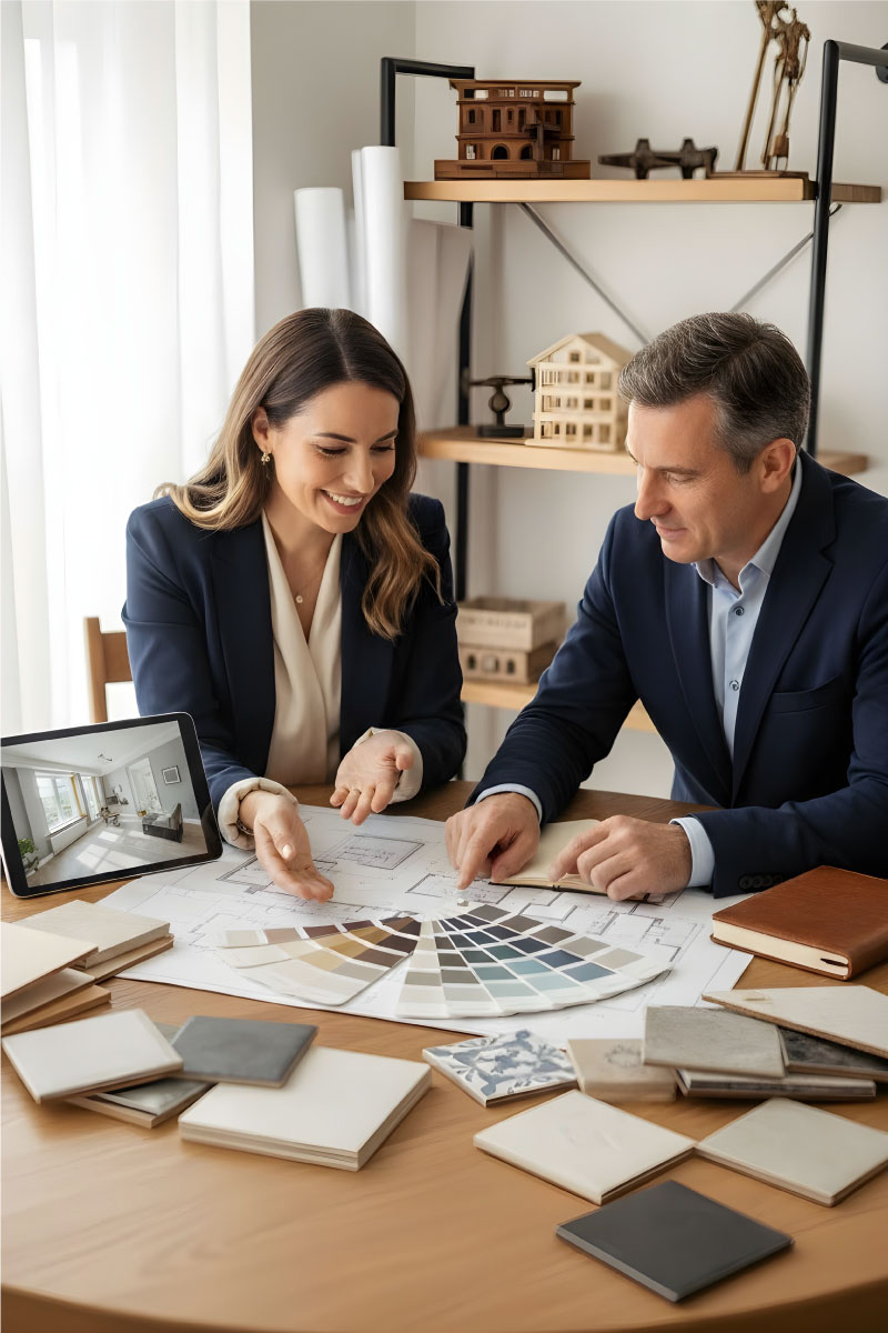 Directrice d’entreprise familiale de rénovation au Luxembourg en consultation avec un client, choisissant les couleurs de peinture, le parquet et les matériaux pour un projet personnalisé, accompagnement sur mesure
