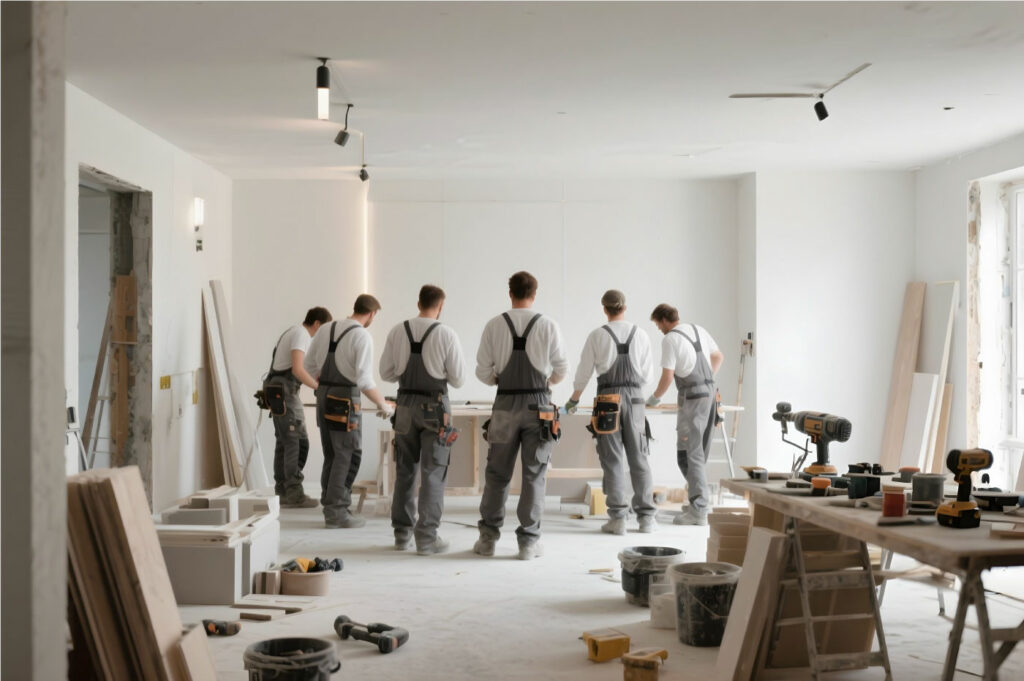 Artisans HBI en rénovation intérieure sur un chantier moderne, démontrant savoir-faire, expertise et coordination des métiers du bâtiment